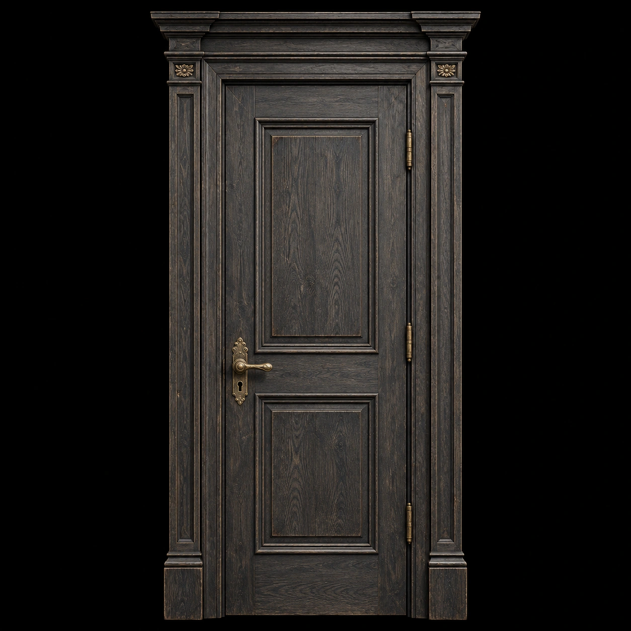 A solitary closed charcoal oak door with an aged brass keyhole.